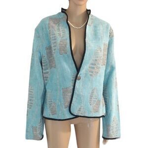 Khangura Women's Blue Teal Reversible Tapestry Beige Leaf Print Button Jacket